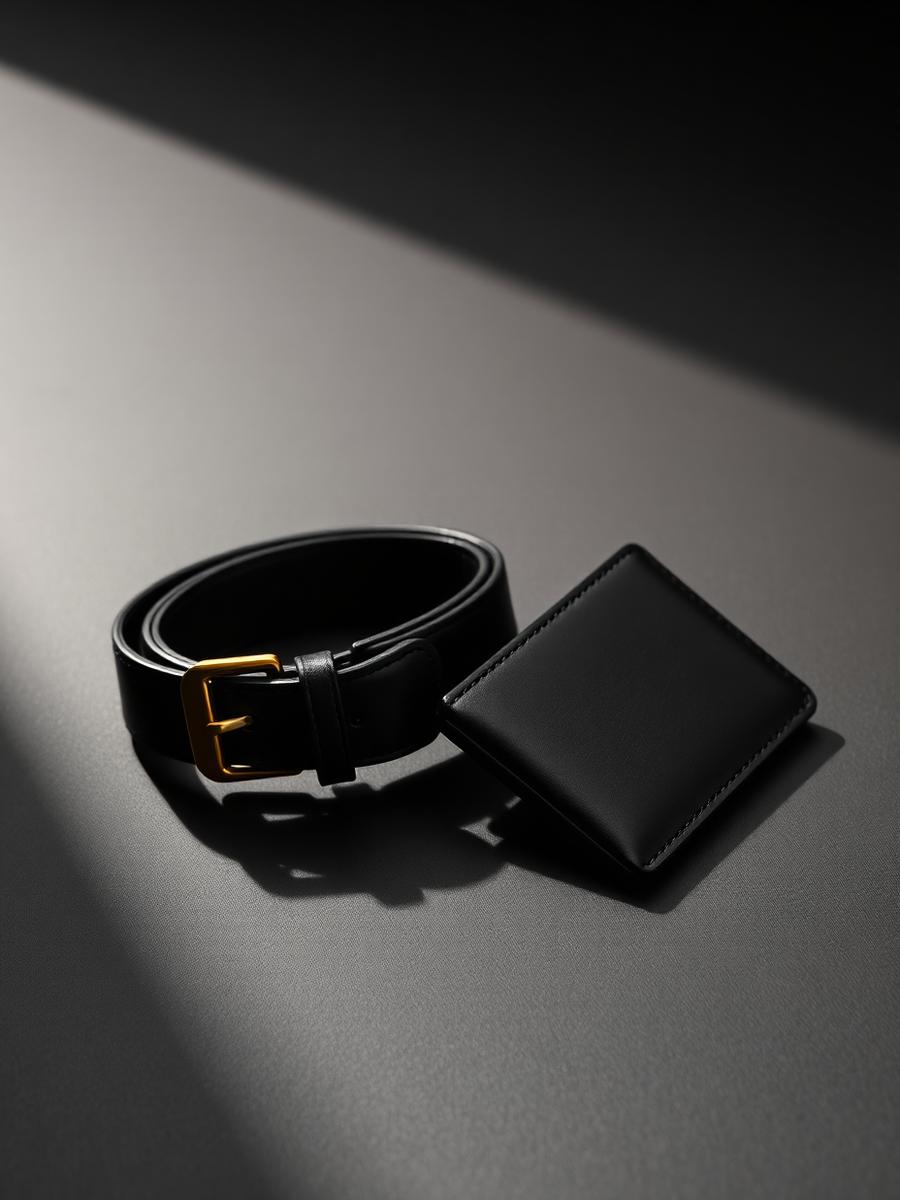 Black leather belt with gold buckle beside a leather wallet